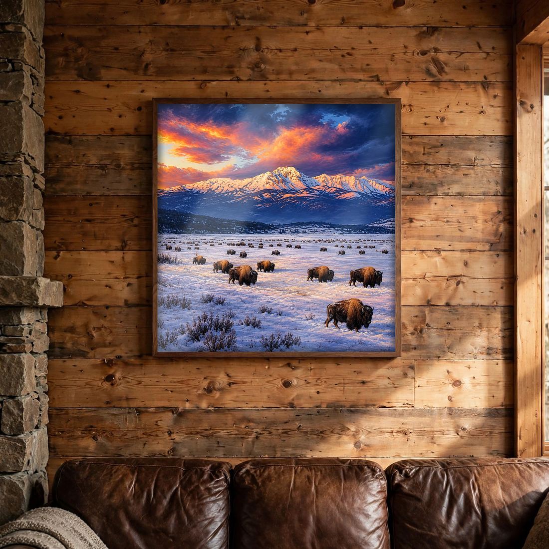Bison Wall Art Print, Winter Buffalo Herd at Sunset, Digital Download photo 2
