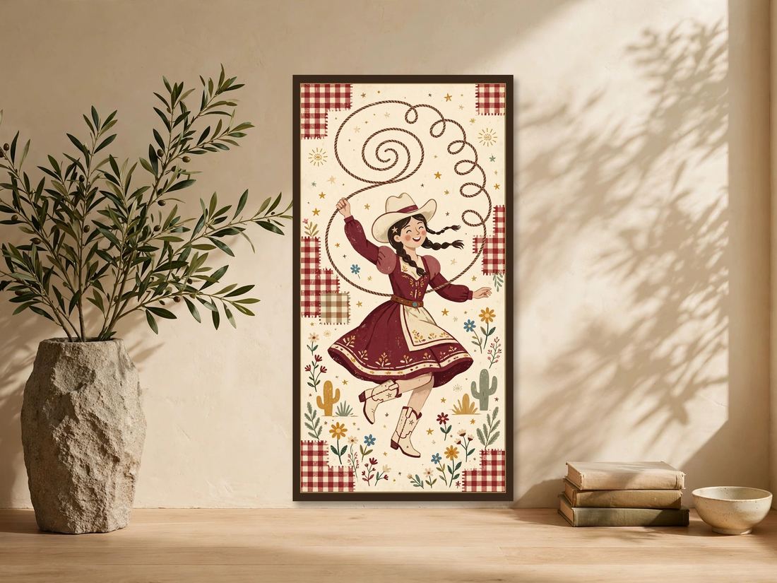 Cowgirl Wall Art, Burgundy Folk Art Western Print, Vintage Cowgirl Decor, Southwestern Wall Decor, Gift for Cowgirl Home