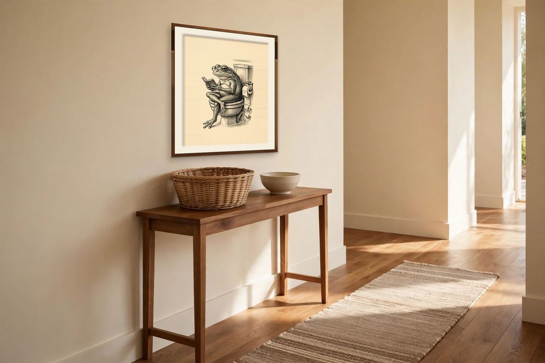 Funny Bathroom Wall Art, Frog on Toilet Print, Vintage Retro Frog Reading Book Digital Download photo 4