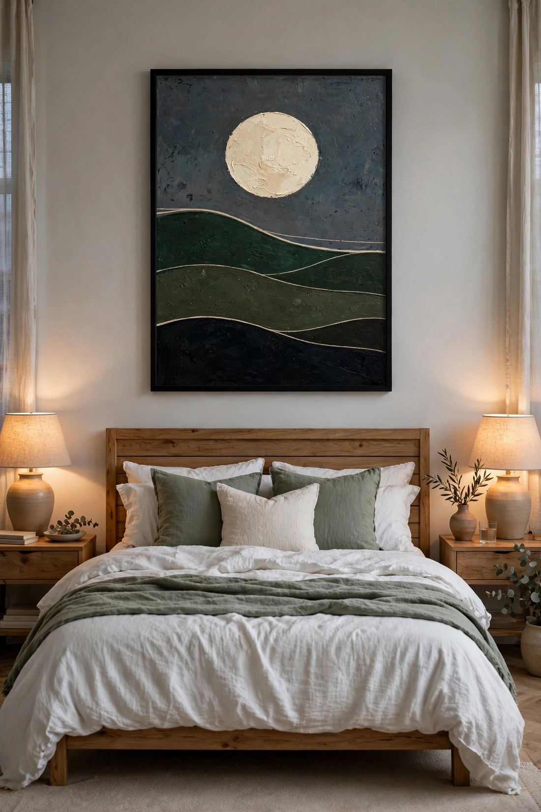 Japandi Wall Art Print, Dark Green Moon Over Hills, Digital Download photo 3