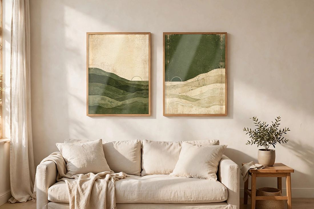Japandi Wall Art Set of 2, Green Abstract Landscape Prints, Wabi Sabi Decor, Digital Download photo 2