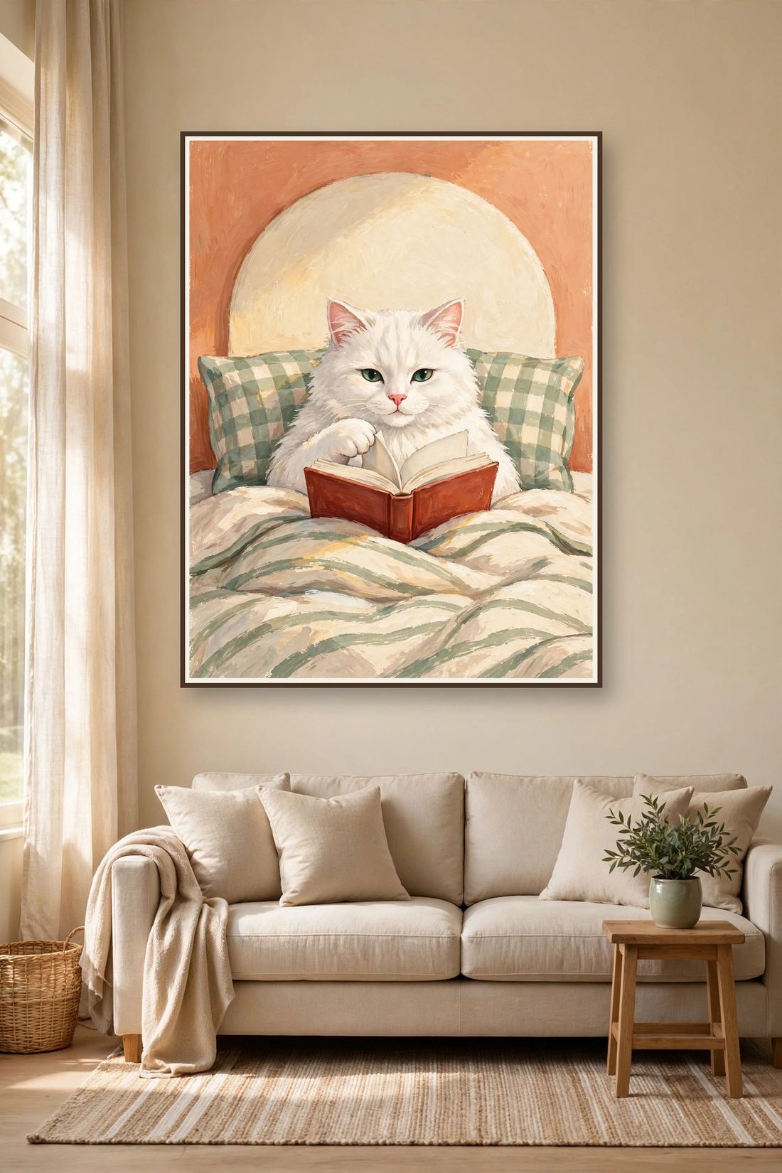 White Cat Wall Art Print, Reading in Bed, Book Lover Digital Download photo 2