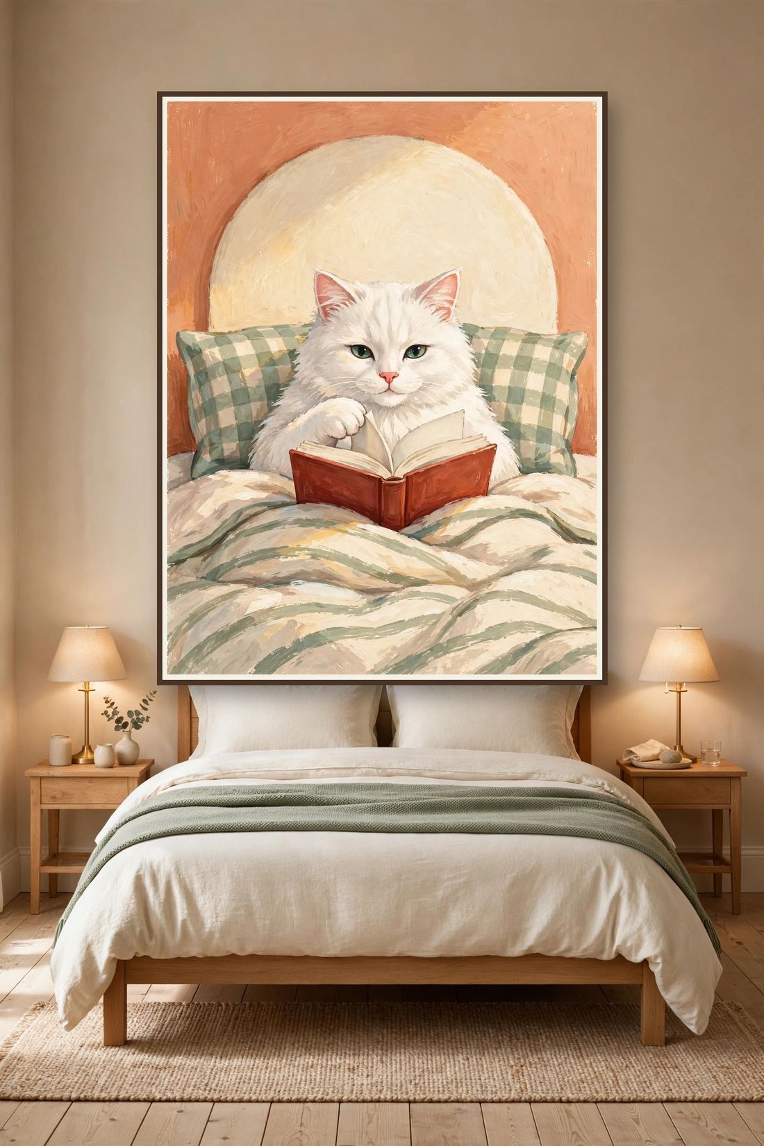 White Cat Wall Art Print, Reading in Bed, Book Lover Digital Download photo 3