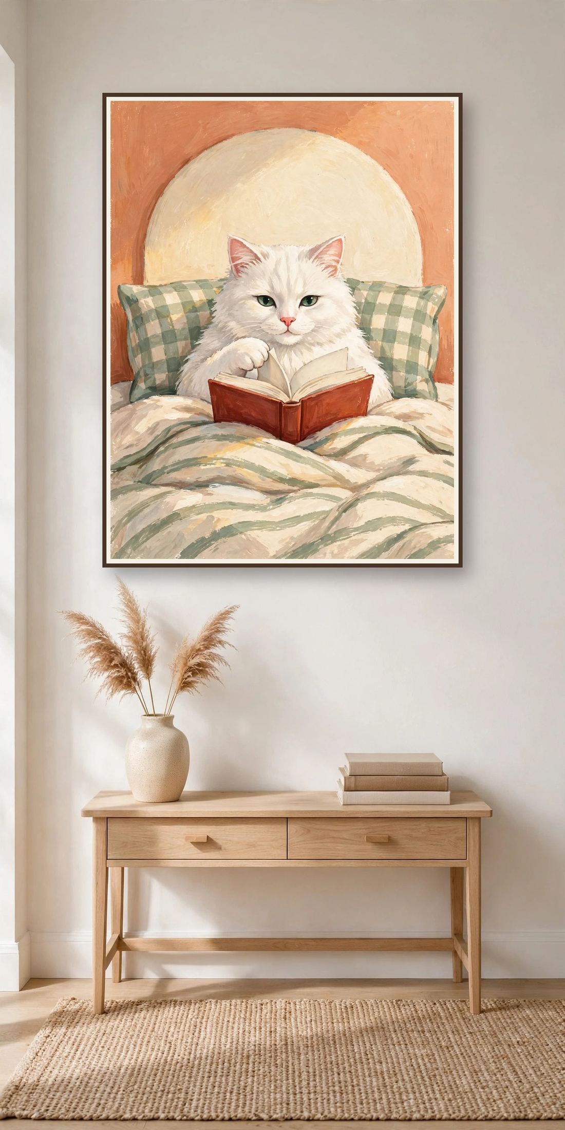 White Cat Wall Art Print, Reading in Bed, Book Lover Digital Download photo 4