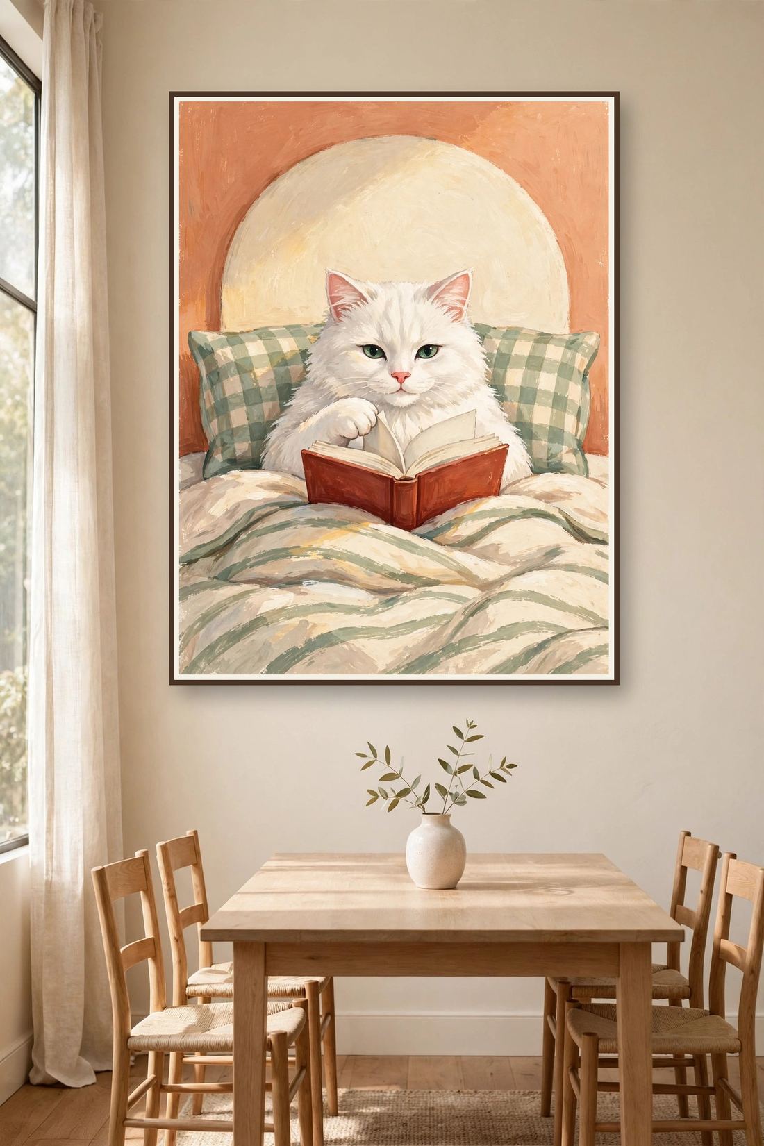 White Cat Wall Art Print, Reading in Bed, Book Lover Digital Download photo 5